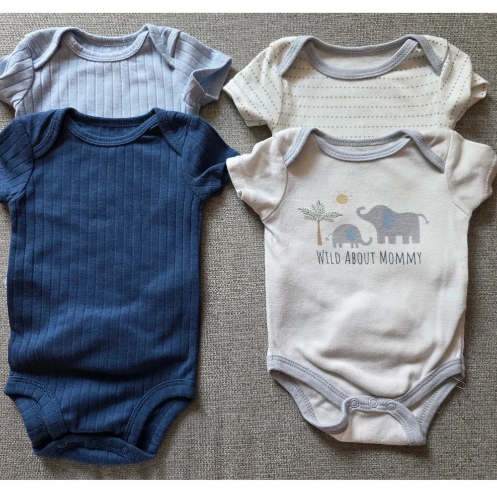 Carters Kyle Deena Baby Boys Bodysuits Lot 4 0-3 Months Blue Elephant Ribbed